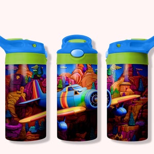 3D Airplane 12oz Kids Flip Top Sippy Cup Tumbler Wrap, 12oz Straight Tumbler Sublimation PNG, Childrens Airplane Tumbler Wrap Design PNG