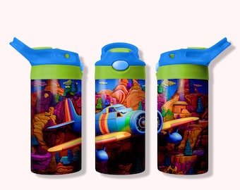 3D Airplane 12oz Kids Flip Top Sippy Cup Tumbler Wrap, 12oz Straight Tumbler Sublimation PNG, Childrens Airplane Tumbler Wrap Design PNG