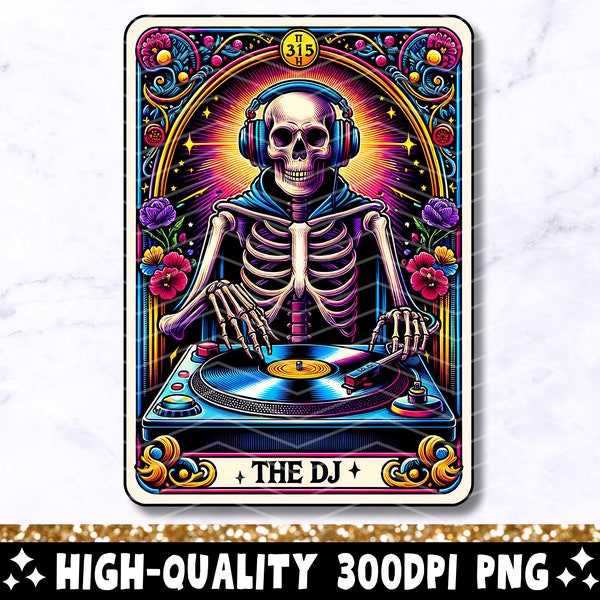 The DJ Tarot Card PNG, Cool Skeleton Sublimation Design, Trendy Disc Jockey Skull Witchy Gothic Tarot T-Shirt Mug PNG, Digital Download