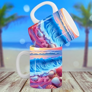 May include: Two white ceramic mugs with a colorful ocean wave and seashell design. The mugs are stacked on top of each other, with the top mug tilted slightly. The background is a blurred image of a beach with palm trees.