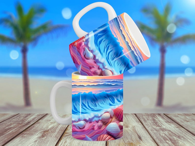 May include: Two white ceramic mugs with a colorful ocean wave and seashell design. The mugs are stacked on top of each other, with the top mug tilted slightly. The background is a blurred image of a beach with palm trees.