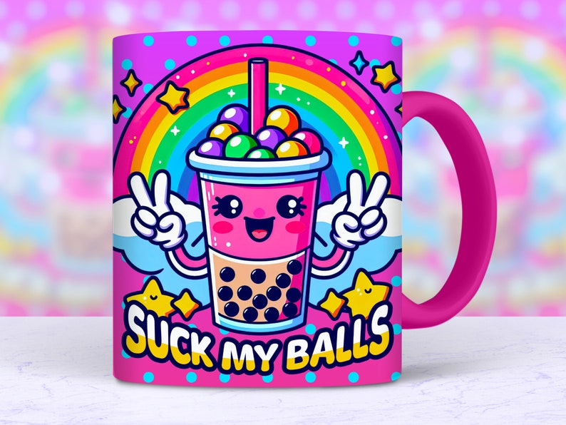 Very colorful Retro groovy tumbler wrap sublimation PNG design of a boba tea smiling in front of a rainbow, giving the peace sign, text says SUCK MY BALLS