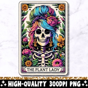 A carta de tarô da senhora da planta PNG, design de sublimação de esqueleto, amante de plantas engraçado jardineiro crânio tarô camiseta caneca arquivo PNG, download digital
