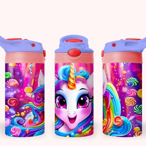 May include: A pink and purple water bottle with a unicorn and rainbow design. The bottle has a blue lid with a straw.