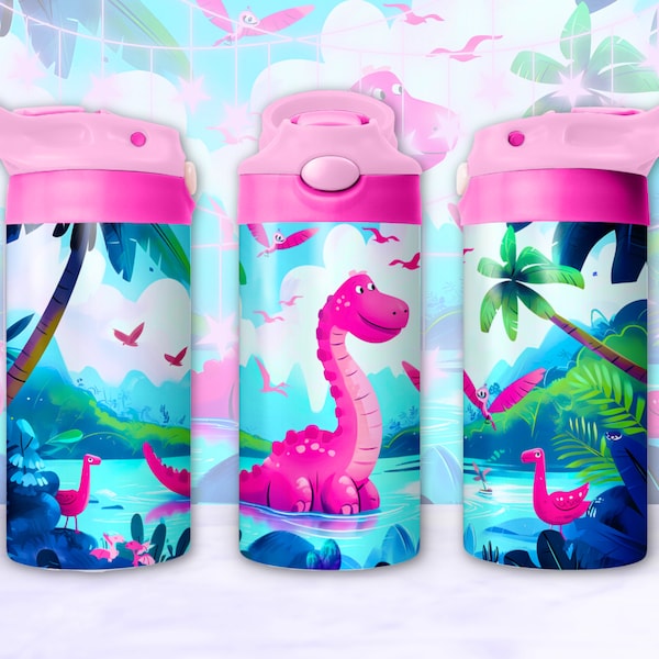 Pink Dinosaur 12oz Kids Flip Top Sippy Cup Tumbler Wrap, 12oz Straight Tumbler Sublimation PNG, Dino Childrens Tumbler Wrap For Girls