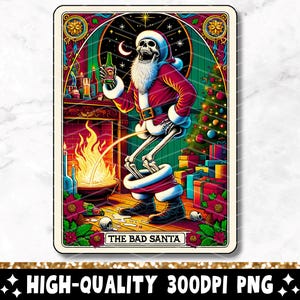 Le mauvais père Noël drôle de carte de tarot PNG, sarcastique Noël squelette sublimation Design, tendance vacances tête de mort T-Shirt tasse téléchargement fichier PNG
