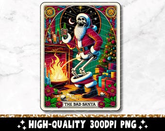 The Bad Santa Funny Tarot Card PNG, Sarcastic Christmas Skeleton Sublimation Design, Trendy Holiday Skull T-Shirt Mug PNG File Download