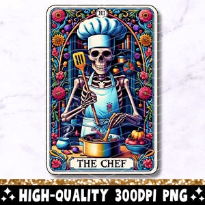 La carta del tarot del chef PNG, diseño de sublimación de cocinero esqueleto, papá calavera cocinando fresco gótico chef tarot camiseta taza archivo PNG, descarga digital