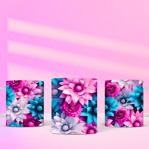K&ouml;nnte beinhalten: Drei wei&szlig;e Keramikbecher mit Blumenmuster. Die Becher zeigen ein Muster aus rosa, blauen und wei&szlig;en Blumen.