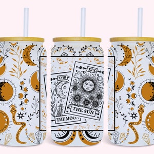 Karty Tarota Witchy 16oz Szklana puszka Opakowanie PNG, Niebiański Szklany Słoik Tumbler Bezszwowy Projekt Sublimacji, 16oz UV-DTF Szablon Mystical Libbey