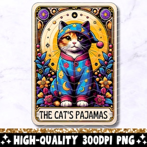 La carta del tarot del pijama del gato PNG, diseño de sublimación de cita divertida del gato sarcástico, archivo PNG de la taza de la camiseta del tarot brujo colorido, descarga digital