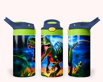 Dinosaur 12oz Kids Flip Top Sippy Cup Tumbler Wrap, 12oz Straight Tumbler Sublimation PNG, Childrens Dinosaur T-Rex Tumbler Wrap Design PNG