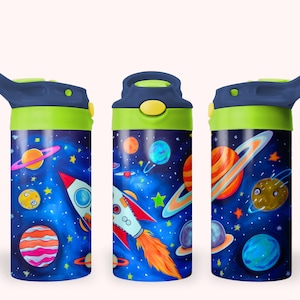 Outer Space 12 Unzen Kinder Flip Top Schnabeltasse Tumbler Wrap, 12 Unzen gerader Becher Sublimation PNG, Kinder Space Tumbler Wrap Design PNG