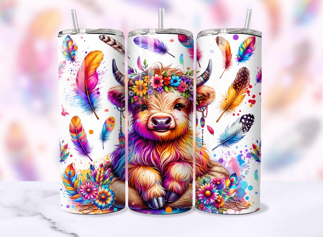 Boho Highland Cow Tumbler Wrap PNG, Cute Baby Cow 20oz Skinny Tumbler ...