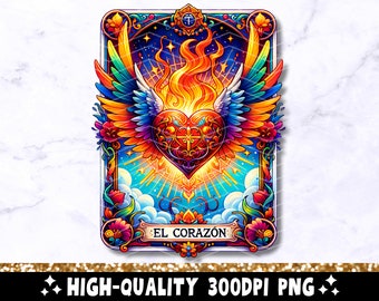 Carta dei Tarocchi El Corazón PNG, Design a sublimazione delle ali del cuore in fiamme, T-shirt latina spagnola messicana del Sacro Cuore Tazza Loteria PNG, Download