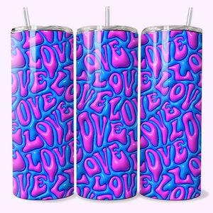 Gobelet gonflé 3D rétro Love, design 3D cool en sublimation de gobelet gonflé 20 oz, emballage de gobelet bouffant 3D Groovy hippie bohème PNG