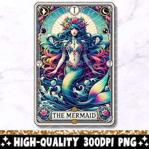 Die Meerjungfrau-Tarot-Karte PNG, Meerjungfrau-Sirene-Sublimationsdesign, Witchy Ocean Nautical Beach T-Shirt Becher PNG-Datei für Frauen, digitaler Download