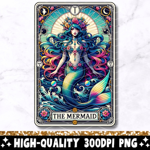 The Mermaid Tarot Card PNG, Mermaid Siren Sublimation Design, Witchy Ocean Nautical Beach T-Shirt Mug PNG File For Women, Digital Download