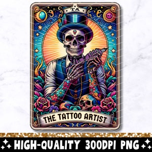 Die Tätowierer Tarot Karte PNG, Cooles Skelett Sublimationsdesign, trendiger Schädel Witchy Tattoist T-Shirt Becher Aufkleber PNG, digitaler Download