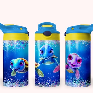 Baby Turtles 12oz Kids Flip Top Sippy Cup Tumbler Wrap, 12oz Straight Tumbler Sublimation PNG, Childrens Sparkly Tumbler Wrap For Kids