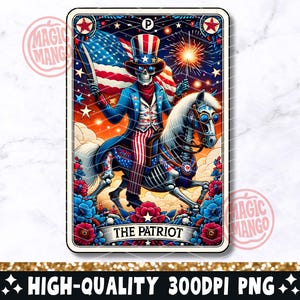 Carta del Tarot Patriota, diseño de sublimación de esqueleto americano, archivo PNG de calavera americana de moda del 4 de julio, descarga digital