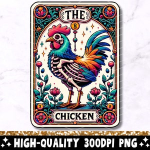 La carte de tarot de poulet PNG, conception de sublimation squelette de poulet, sorcière gothique drôle amateur de poulet T-Shirt tasse fichier PNG en téléchargement numérique