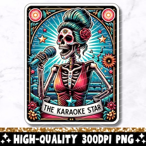 Die Karaoke-Stern-Tarot-Karte PNG, Singing Skeleton Sublimation Design, lustige Sängerin Schädel Frau Tarot T-Shirt Becher PNG-Datei, digitaler Download