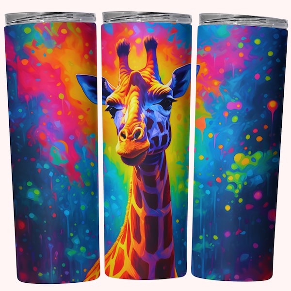 Neon Giraffe Tumbler Wrap, 20oz Skinny Tumbler Wrap Sublimation PNG, Instant Download, Straight & Tapered Tumbler Wrap, Rainbow Giraffe PNG