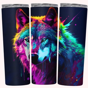 Neon Wolf Tumbler Wrap, 20oz Skinny Tumbler Sublimation Design, Digital Download, Straight & Tapered Tumbler PNG, Colorful Wolf Tumbler PNG