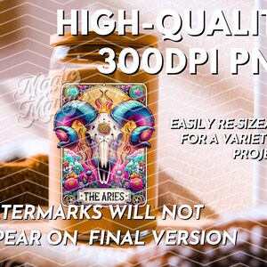 May include: A vibrant digital graphic of a skull with large, curved horns, labelled "The Aries." The image is set against a tan background and includes text that reads "HIGH-QUALITY 300DPI PNG" and "EASILY RE-SIZEABLE FOR A VARIETY OF PROJECTS!"