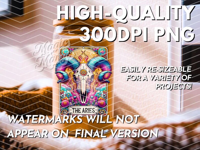 May include: A vibrant digital graphic of a skull with large, curved horns, labelled "The Aries." The image is set against a tan background and includes text that reads "HIGH-QUALITY 300DPI PNG" and "EASILY RE-SIZEABLE FOR A VARIETY OF PROJECTS!"