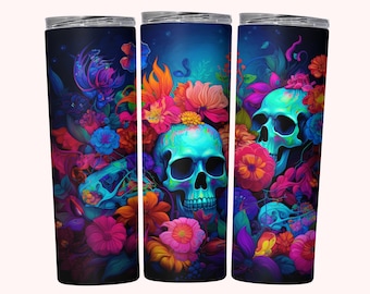 Neon Skull Tumbler Wrap, 20oz Skinny Tumbler Wrap Sublimation PNG, Instant Download, Straight + Tapered Tumbler Wrap, Neon Skulls Design PNG