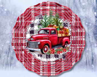 May include: Red vintage pickup truck with a Christmas tree and presents in the bed. The truck is on a red and white plaid background.