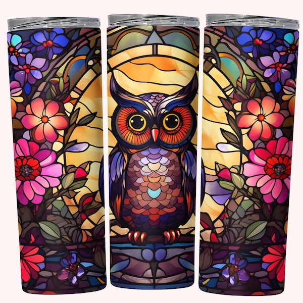 Stained Glass Owl Tumbler Wrap, 20oz Skinny Tumbler Wrap Sublimation, Instant Download, Straight & Tapered Tumbler Wrap PNG, Colorful Owl