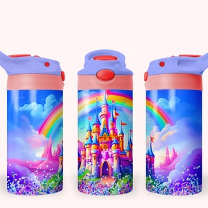 Sparkly Princess Castle 12oz Kids Flip Top Sippy Cup Tumbler Wrap, 12oz Straight Tumbler Sublimation PNG, Sparkly Tumbler Wrap For Girls