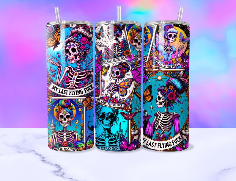 Sarcastic Tarot Cards Tumbler Wrap, Sweary Witchy Skeleton 20oz Skinny Straight Tumbler Wrap Sublimation Design, Funny Tumbler PNG Download image 5