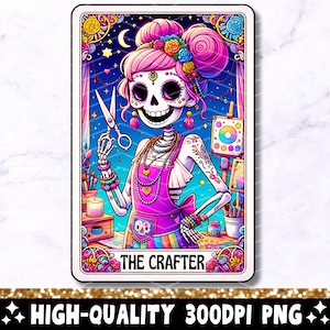 Die Crafter Tarot-Karte PNG, Crafting Girl Skelett Sublimationsdesign, trendiger Schädel Crafty lustiger Tarot T-Shirt Becher PNG, digitaler Download