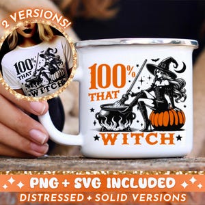 May include: White enamel mug with a black and white illustration of a witch stirring a cauldron. The mug has the text "100% That Witch" printed on it.