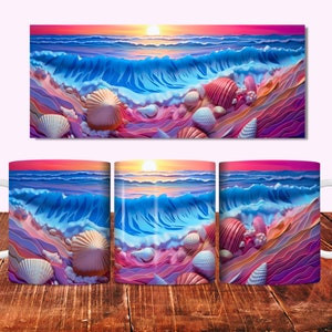 May include: A white ceramic mug with a colorful image of a seashell-covered beach with a blue wave crashing on the shore. The background is a sunset with pink, orange, and purple hues.