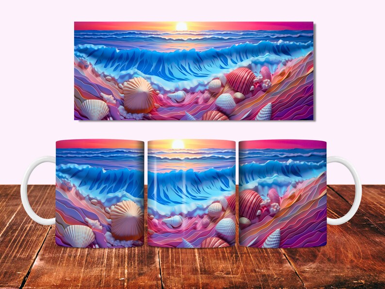 May include: A white ceramic mug with a colorful image of a seashell-covered beach with a blue wave crashing on the shore. The background is a sunset with pink, orange, and purple hues.