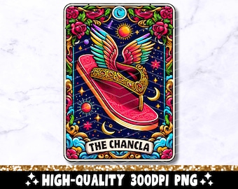 Puede incluir: Una ilustración de carta de tarot colorida con una sandalia roja y dorada con alas, rodeada de estrellas, flores y el texto "The Chancla".