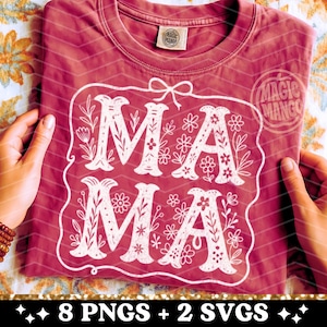 red shirt with digital design png for sublimation or svg cut file.  boho floral lettering that says Ma Ma