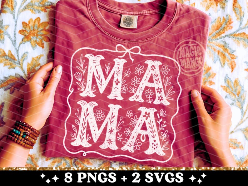 red shirt with digital design png for sublimation or svg cut file.  boho floral lettering that says Ma Ma