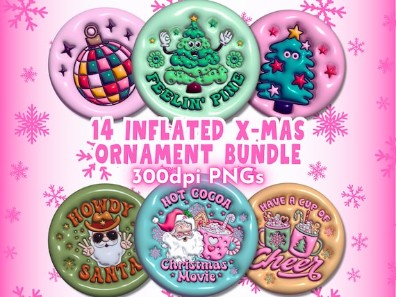 Inflated Christmas Ornament PNG Bundle , Holiday Round Groovy Puffy Retro Ornament Sublimation Design Template PNG, X-Mas Digital Download