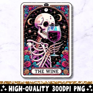 La carte de tarot de vin PNG, design tendance en Sublimation squelette, sorcière amateur de verre à vin gothique Tarot carte T-shirt Mug PNG, téléchargement numérique