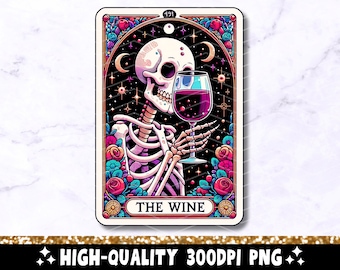 La carta dei tarocchi del vino PNG, design alla moda con sublimazione dello scheletro, tazza di t-shirt con carta dei tarocchi gotici amante del bicchiere di vino stregato PNG, download digitale
