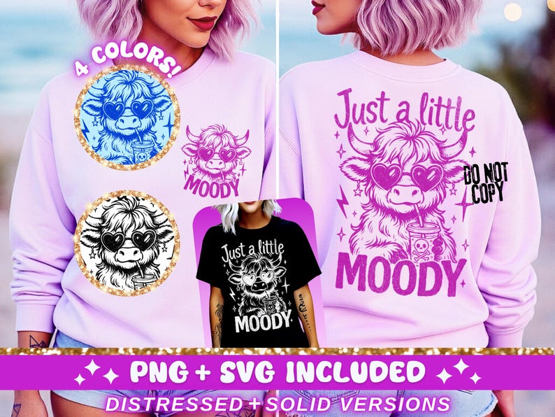 A trendy png and svg cut file design of a cute baby highland cow wearing heart sunglassss and holding an iced coffee with the words JUST A LITTLE BIT MOODY. Both a front pocket and back design are included.