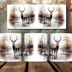 May include: White ceramic mug with a brown deer standing in a lake with trees in the background. The deer is looking directly at the viewer.