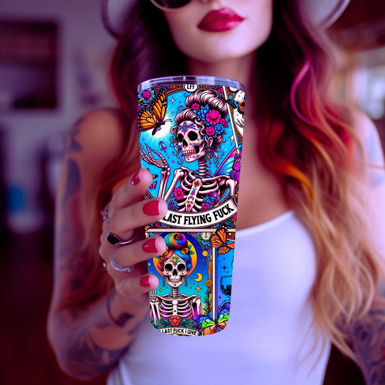 Sarcastic Tarot Cards Tumbler Wrap, Sweary Witchy Skeleton 20oz Skinny Straight Tumbler Wrap Sublimation Design, Funny Tumbler PNG Download image 3