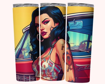 Chicana Tumbler Wrap, Sublimación de envoltura de vaso flaco de 20 oz PNG, Descarga instantánea, Envoltura de vaso recto + cónico PNG, Diseño de vaso Chola